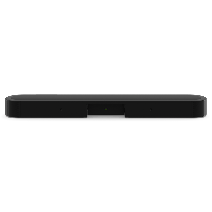 Two people sitting on a yellow couch watching a TV with a black Sonos Beam Ultra soundbar mounted on the wall