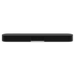 Two people sitting on a yellow couch watching a TV with a black Sonos Beam Ultra soundbar mounted on the wall